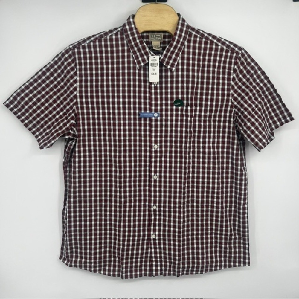 NWT LL Bean Men's XXL Red Plaid Short Sleeve Slightly Fitted Button Up
